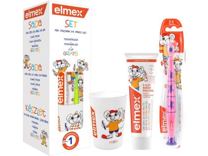 Elmex dětský set zubní pasta, zubní kartáček a kelímek 2 6 let růžový