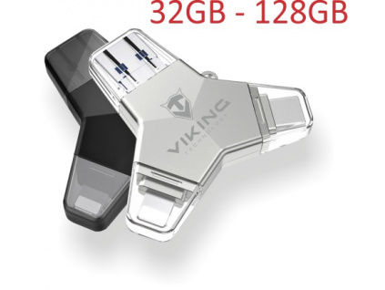 VIKING USB FLASH DISK 3.0 4v1 128GB, S KONCOVKOU APPLE LIGHTNING, USB-C, MICRO USB, USB3.0, černá, VUFII128B