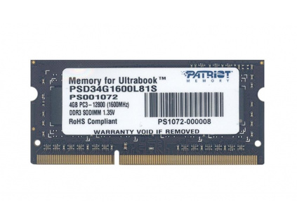 PATRIOT Ultrabook 4GB DDR3 1600MHz / SO-DIMM / CL11 / PC3-12800, PSD34G1600L81S