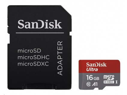 SanDisk MicroSDHC karta 16GB Ultra (98MB/s, A1 Class10, Android) + adaptér, SDSQUAR-016G-GN6MA