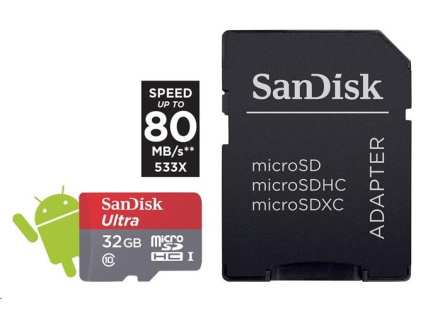 SanDisk MicroSDHC karta 32GB Ultra (A1, 98MB/s, Class10, Android) + adaptér, SDSQUAR-032G-GN6MA
