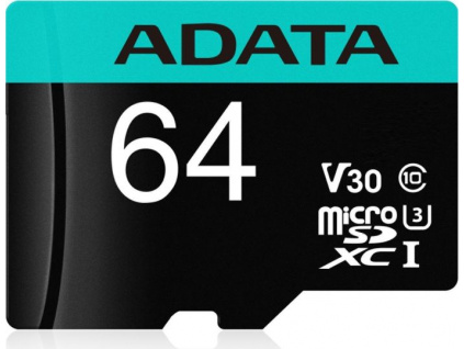 ADATA MicroSDXC 64GB U3 V30S až 95MB/s + adapter, AUSDX64GUI3V30SA2-RA1
