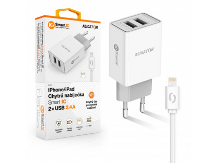 ALIGATOR Chytrá síťová nabíječka 2,4A, 2xUSB, smart IC, bílá, USB kabel pro iPhone/iPad, CHA0036
