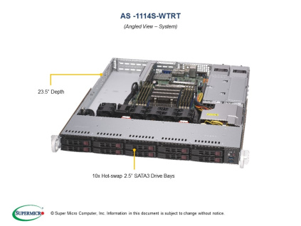 SUPERMICRO A+ Server 1U 1x SP3, 8x DDR4, 10x 2,5" (2xNVMe opt.), 2x500W(plat), 2x10GbE, IPMI, AS-1114S-WTRT