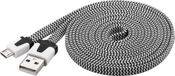 PremiumCord Kabel micro USB 2.0, A-B 2m, plochý textilní kabel, černo-bílý, ku2m2ft