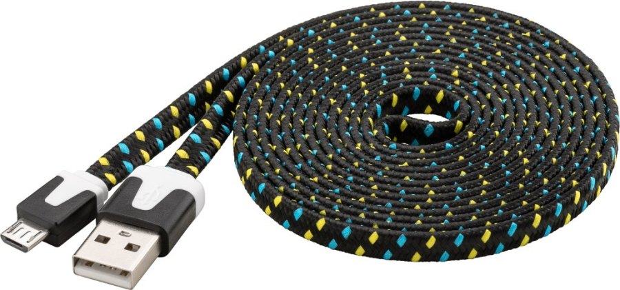 PremiumCord Kabel micro USB 2.0, A-B 2m, plochý textilní kabel, černo-modro-žlutý, ku2m2ft1