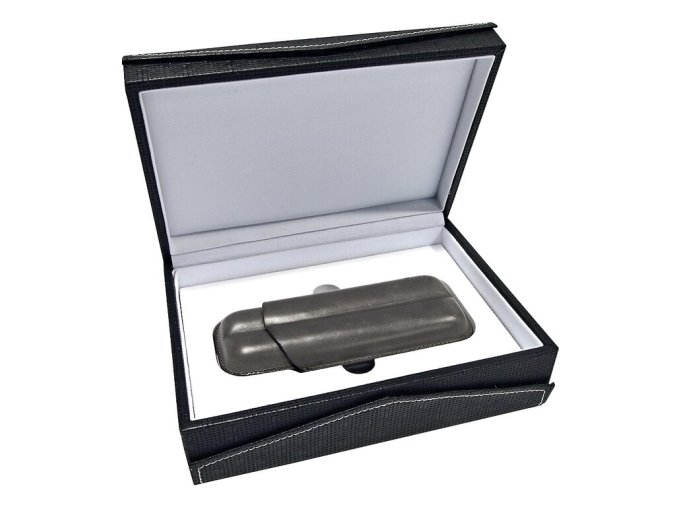 Pouzdro na 2 doutníky Etue Gifus, šedé, kožené, 16 cm, dárkové balení