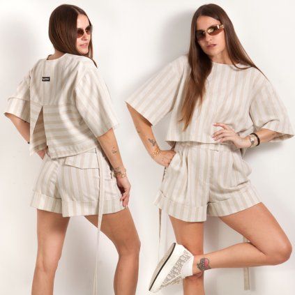 LINEN WIDE STRIPED SPLIT BACK TOP