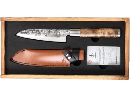 rucne kovany nuz santoku z japonske oceli vg10 forged 14 cm s drevenou rukojeti s kozenym pouzdrem sdv 305645 1
