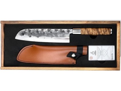 rucne kovany nuz santoku z japonske oceli vg10 forged 18 cm s drevenou rukojeti s kozenym pouzdrem sdv 620223 1