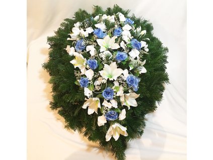 Modro biely veniec zo živej čačiny a umelých kvetov