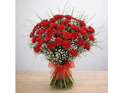 40 červených karafiátov viazaných v retro štýle