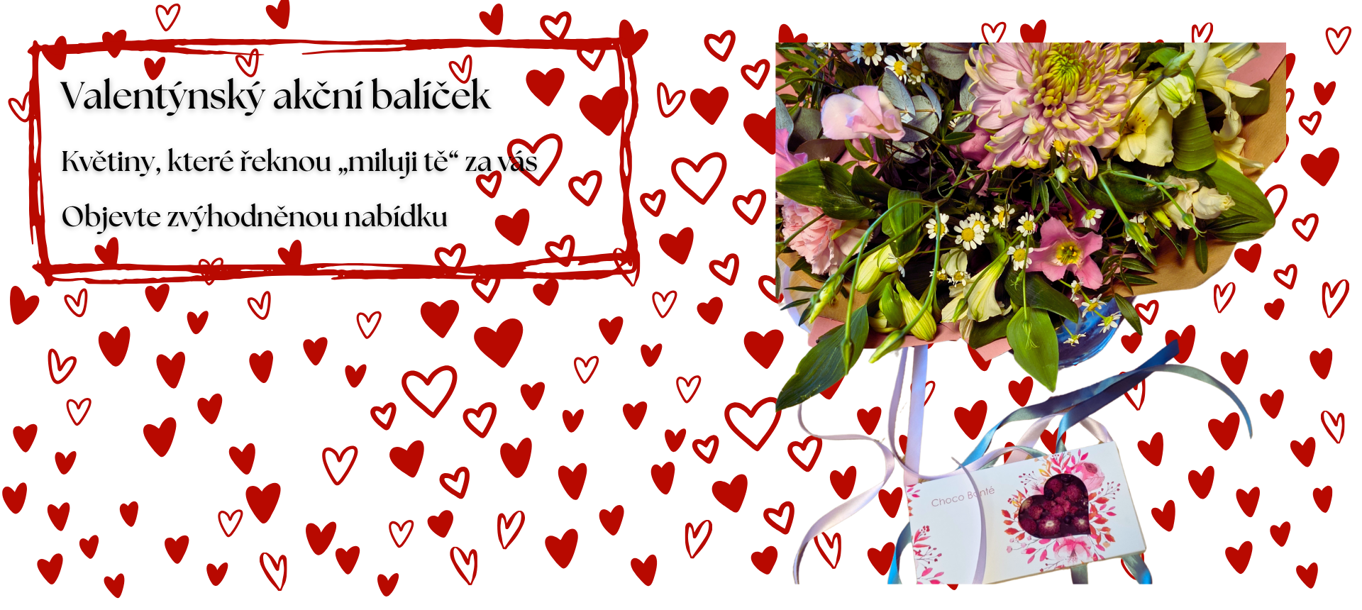 valentýnský balíček kytice a čokoláda za zvýhodněnou cenu www.kvetinynedaleko.cz