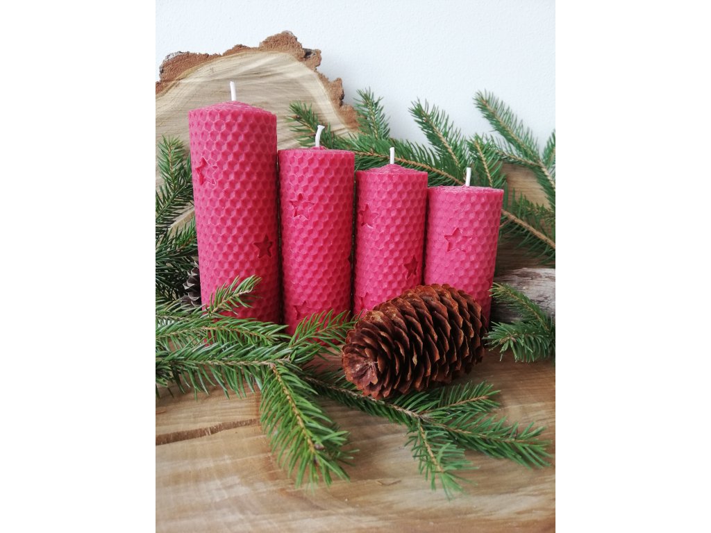 Adventní sada svíček z včelího vosku HVĚZDY POSTUPKA ČERVENÁ