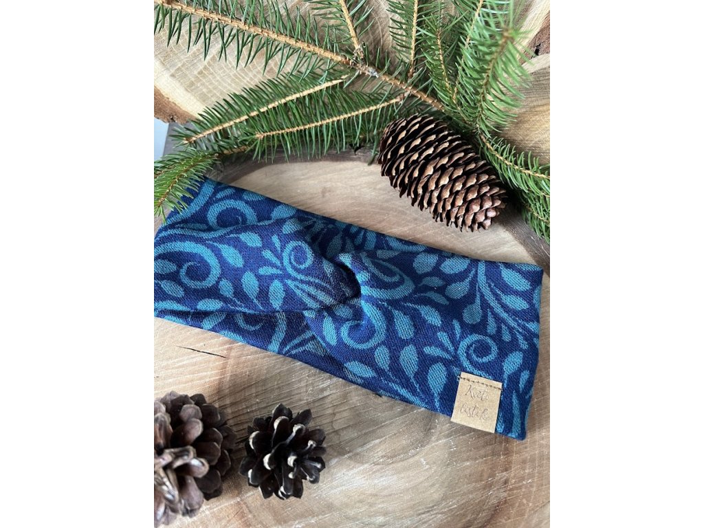 Čelenka s uzlem MERINO - MODRÁ S TYRKYSOVÝMI ORNAMENTY