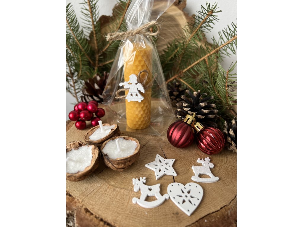 Svíčka ze včelího vosku ÚZKÁ S BÍLOU DŘEVĚNOU OZDOBIČKOU - BARVY NA VÝBĚR