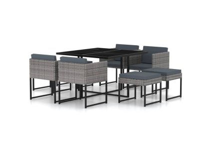 vidaXL 9-dielna záhradná jedálenská súprava s vankúšmi polyratan sivá