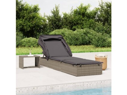 vidaXL Lehátko so skladacou strechou sivé 213x63x97 cm polyratan