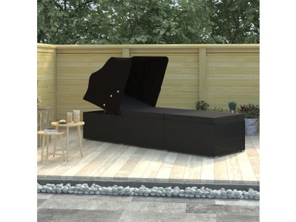 vidaXL Záhradné ležadlo so strieškou a podložkou polyratanové čierne