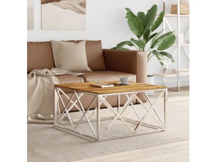 vidaXL Konferenčný stolík strieborný nerezová oceľ a akáciový masív