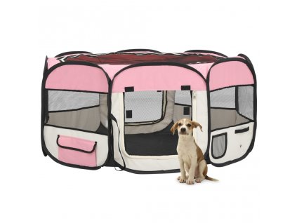 vidaXL Skladacia ohrádka pre psa s prenosnou taškou ružová 145x145x61 cm