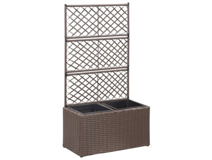 vidaXL Vyvýšený záhon+mriežka, 2 nádoby 58x30x107 cm, polyratan, hnedý