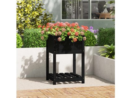 vidaXL Kvetináč s policou čierny 54x54x81 cm masívna borovica