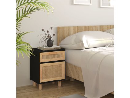vidaXL Nočný stolík čierny masívna borovica a prírodný ratan