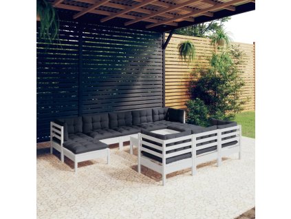 vidaXL 11-dielna záhradná súprava s vankúšmi biela borovicový masív