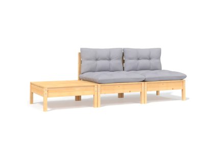 vidaXL 3-dielna záhradná súprava so sivými podložkami borovicový masív