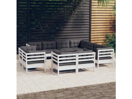 vidaXL 11-dielna záhradná súprava s vankúšmi biela borovicový masív