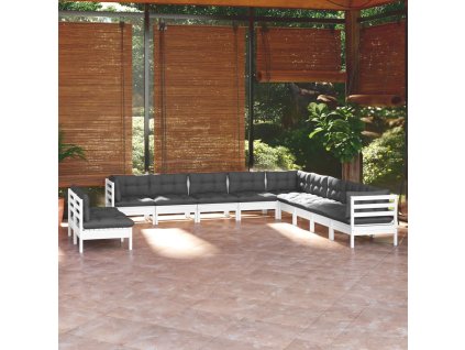 vidaXL 11-dielna záhradná súprava s vankúšmi biela borovicový masív