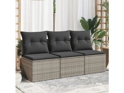 vidaXL Záhradná pohovka s podložkami, 3-miestna, sivá, polyratan