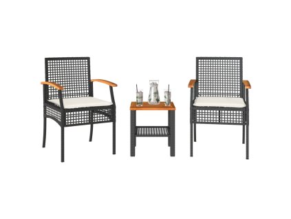 vidaXL 3-dielna bistro súprava s vankúšmi čierna polyrataná akácia
