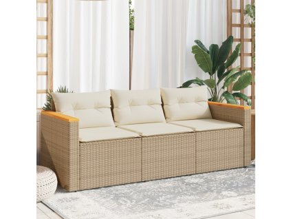 vidaXL Záhradná pohovka s vankúšmi 3-miestna béžová polyratanová