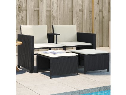 vidaXL Záhradná pohovka, 2-miestna, stôl a taburetky, čierna polyratan