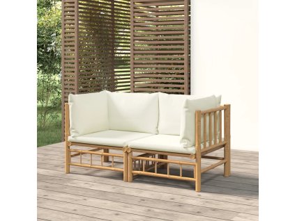 vidaXL Záhradné rohové pohovky s krémovobielymi vankúšmi 2 ks bambus