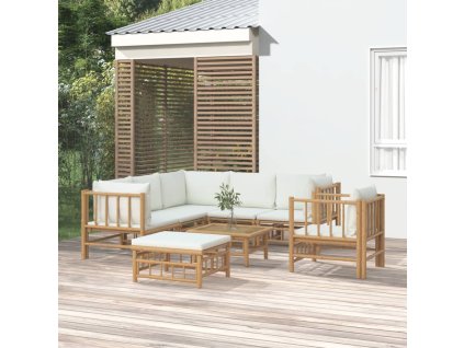 vidaXL 8-dielna záhradná sedacia súprava krémovobiele vankúše bambus