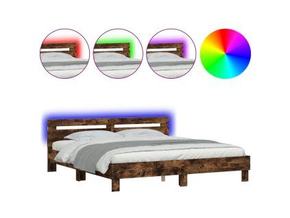 vidaXL Posteľný rám s čelom a LED dymový dub 180x200 cm
