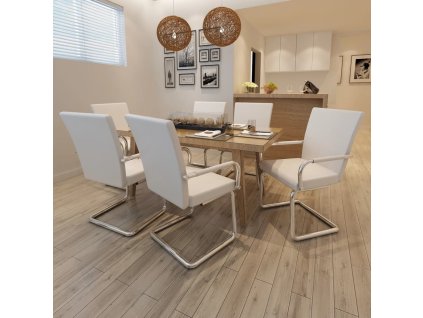 vidaXL Jedálenské stoličky, perová kostra 6 ks, biele, umelá koža