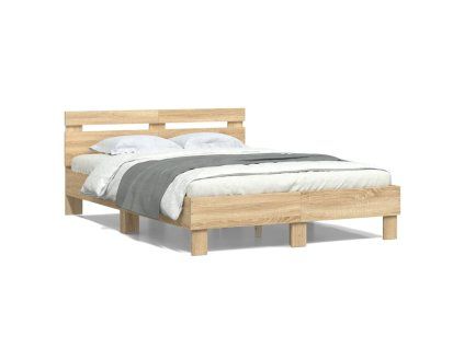vidaXL Posteľný rám s čelom a LED dub sonoma 135x190 cm