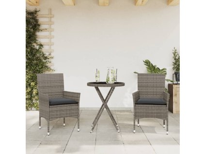 vidaXL 3-dielna bistro súprava s vankúšmi sivá polyratan a sklo