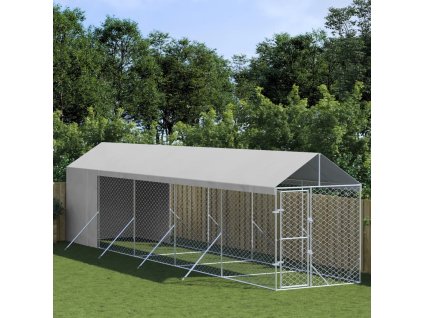 vidaXL Vonkajší koterec pre psov so strechou striebor. 2x10x2,5m oceľ