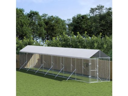 vidaXL Vonkajší koterec pre psov so strechou striebor. 2x14x2,5m oceľ