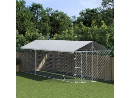vidaXL Vonkajší koterec pre psov so strechou strieborný 3x9x2,5 m oceľ