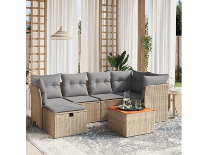 vidaXL 7-dielna záhr. jedálenská sada s vankúšmi mix béžovej polyratan