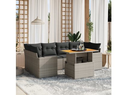 vidaXL 7-dielna záhradná súprava pohoviek s vankúšmi sivá polyratanová