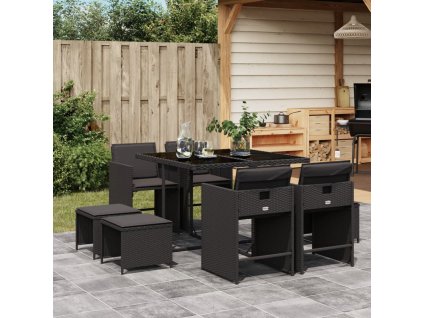 vidaXL 9-dielna záhradná jedálenská sada s vankúšmi čierna polyratan
