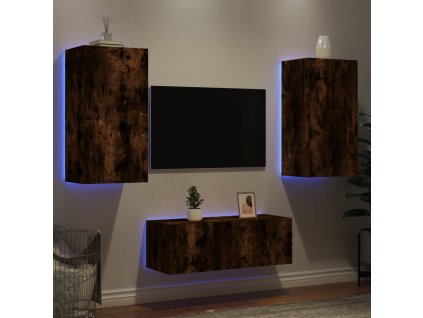 vidaXL 4-dielne TV nástenné skrinky s LED dymový dub kompozitné drevo