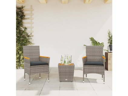 vidaXL 3-dielna bistro súprava s vankúšmi sivá polyratan a sklo